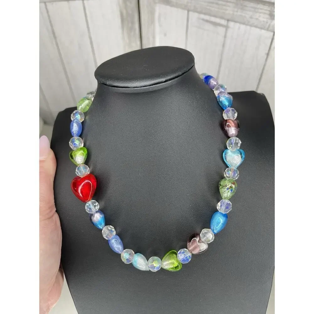 Vintage Heart Art Glass Necklace Statement Colorful Beads Blue Green_2